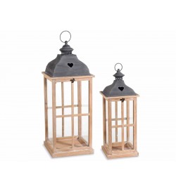 Lanterne decorative in legno e metallo con cuore intagliato set 2 pezzi