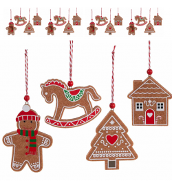 Set 20 decorazioni Natalizie da appendere in panno fantasia pan di zenzero, figure assortite