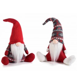 Set 2 Babbi Natale da Vetrina Seduti con Abito in Stoffa e Barba in Pelo - Altezza 38 cm