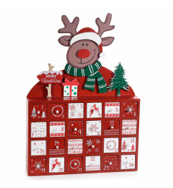 Calendario dell’Avvento in legno con renna decorativa e 24 cassettini