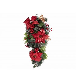 Ghirlanda natalizia con stelle di Natale rosse lucide pigne e bacche 66 cm