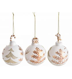 Palline di Natale in Vetro Lavorate a Mano con Personaggio Colore Bianco e Oro 12 Pezzi Misura 12 Cm Idea Regalo