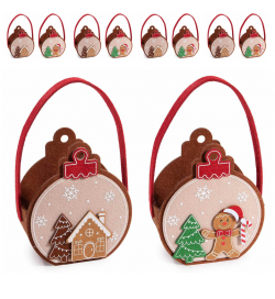 Borsette Natalizie In Panno Rotonde Con Omini Di Pan Di Zenzero E Casetta