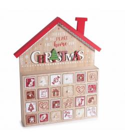 Calendario dell’Avvento in legno a forma di casetta con scritta Christmas