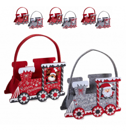 Borsette natalizie in panno a forma di trenino con Babbo Natale e renna set 6 pezzi assortiti 20,5x9x13 cm