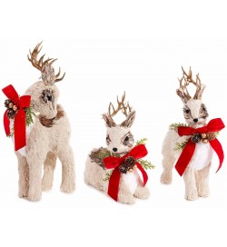 Set 3 renne natalizie in fibra naturale con pigne e fiocco rosso per decorazioni di Natale