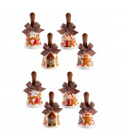 Campanelle Natalizie in Ceramica con Fiocco e Omini Pan di Zenzero - Set da 8 Decorazioni
