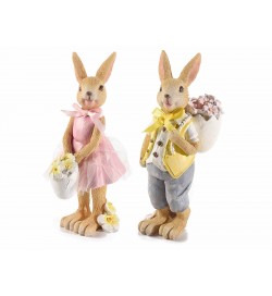 Conigli Pasquali in resina dipinta con uova e fiori idea regalo bambini 2 pezzi