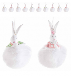 Addobbi Pasquali da Appendere con Conigli in Resina su Pompon, Set da 12