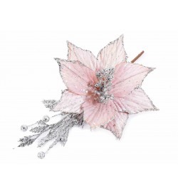 Stelle Natalizie artificiali in stoffa rosa con bacche argentate set da 12 fiori Natalizi artificiali
