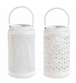 Set 2 Lanterne in Metallo Bianco Traforato con Manico