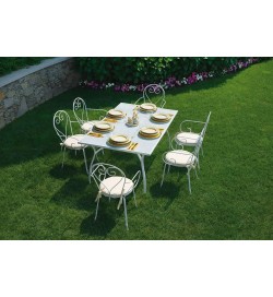 Set pranzo da giardino con tavolo 6 sedie e cuscini color avorio Shabby Chic